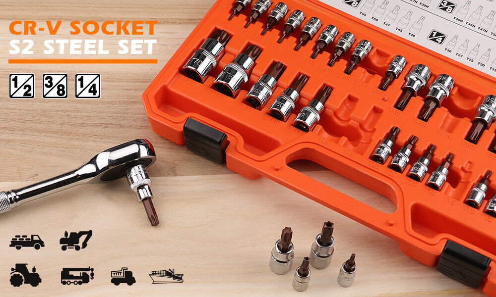 HORUSDY 34-Piece Torx Bit Socket Set in S2 Steel, Includes 1/2', 3/8', 1/4' Drive Star Bits with Secure Storage Case