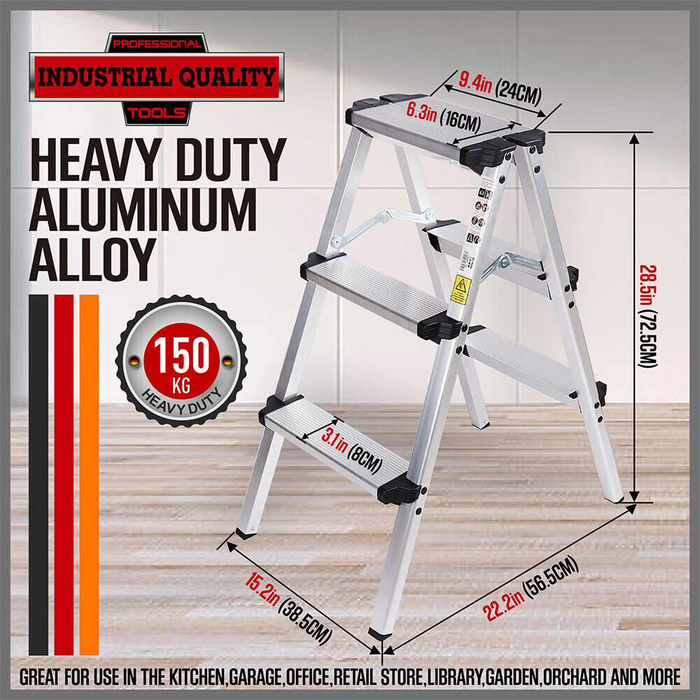 Portable 3-Step Folding Ladder - Lightweight Aluminum, Non-Slip, Heavy-Duty 150kg Capacity - Versatile and Reliable