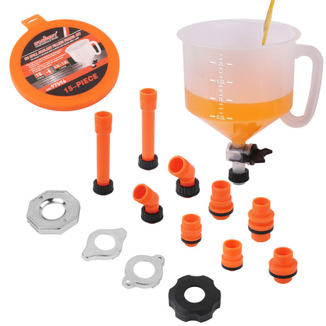 15 Piece No-Spill Coolant Funnel Kit with Valve Switch - Universal Fitment for Easy Vehicle Radiator Refill and Bleeding - Efficient and Reliable Automotive Tool