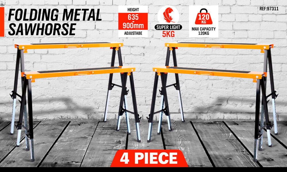 Four-piece Mastercraft Sawhorse Set, featuring a sturdy metal folding design with non-slip surfaces, ergonomic handles, and crossing braces for stability. Each sawhorse measures 100(L) x 50(W) x 65-92(H) cm and supports up to 120 kg.