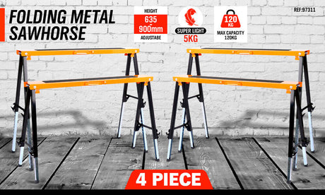 Four-piece Mastercraft Sawhorse Set, featuring a sturdy metal folding design with non-slip surfaces, ergonomic handles, and crossing braces for stability. Each sawhorse measures 100(L) x 50(W) x 65-92(H) cm and supports up to 120 kg.