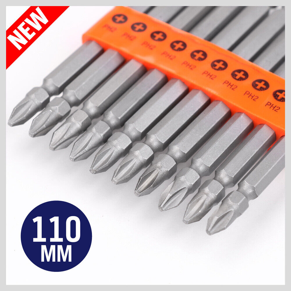 Set of 10 Double-Ended PH2 Screwdriver Bits, 110mm Long, Made of S2 Steel, Suitable for Impact Drills