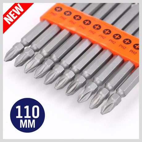 Set of 10 Double-Ended PH2 Screwdriver Bits, 110mm Long, Made of S2 Steel, Suitable for Impact Drills