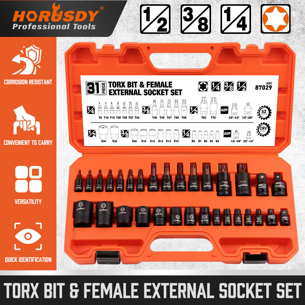 HORUSDY 31-Piece Torx & E Torx Socket Set, S2 Alloy Steel, Chrome Vanadium - Includes Solid Star & E-Torx Sockets Plus Adapters