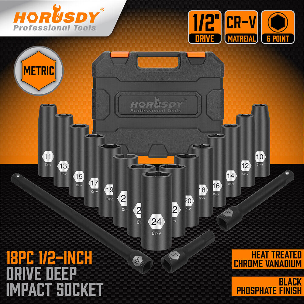 HORUSDY 18-Piece 1/2 Inch Drive Deep Impact Socket Set, Metric Sizes 10-24mm, Chrome Vanadium Steel with Black Phosphoric Acid Treatment and Laser Marking, Including 3 Extension Bars