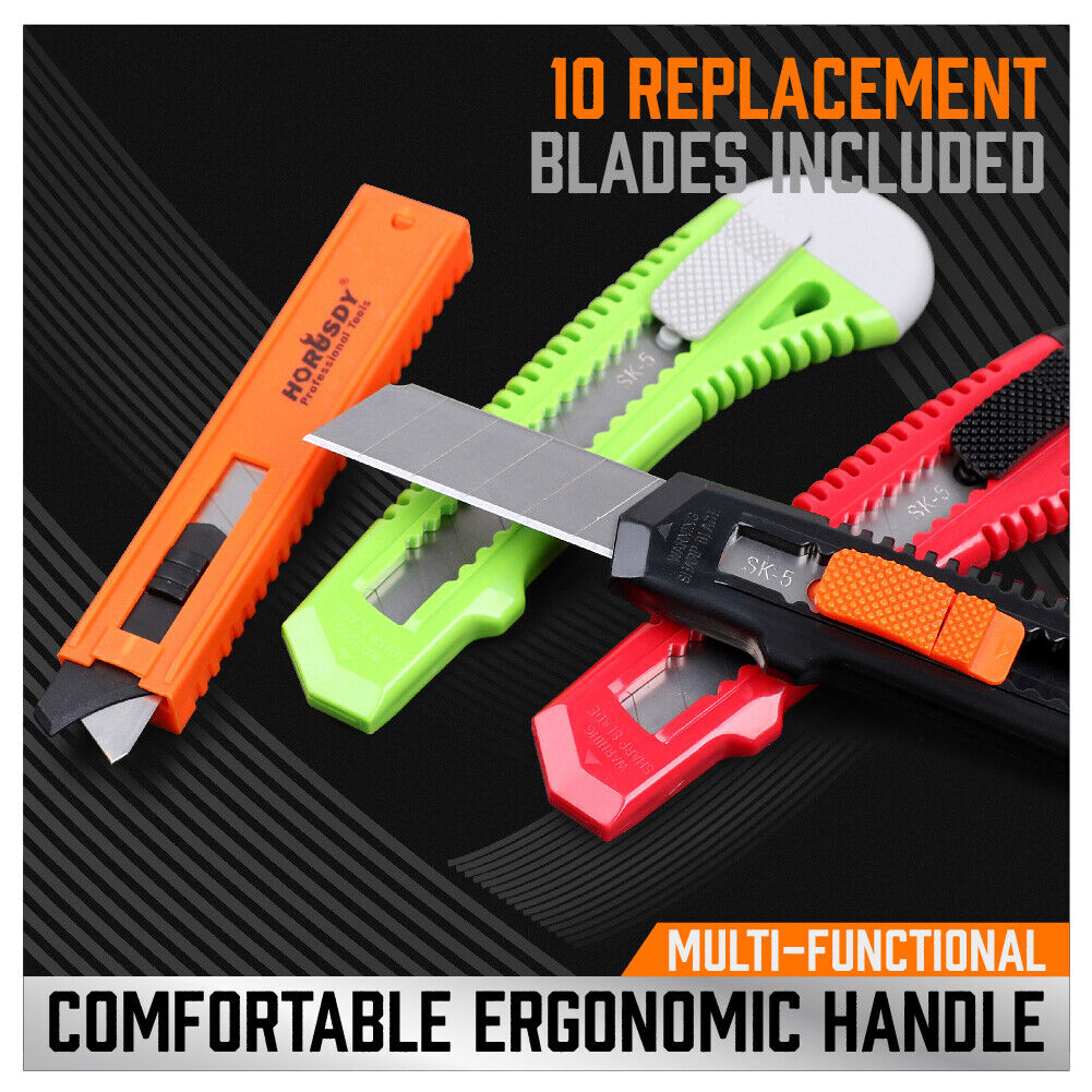 Diverse Set of 22 Retractable Utility Knives with Snap-Off Blades and 10 Additional Blades Included