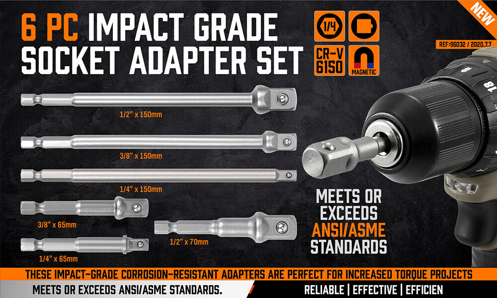 Heavy-Duty 6Pc Drill Socket Adapter Set - Long & Short Combination, Ideal for Impact Drivers and Power Drills