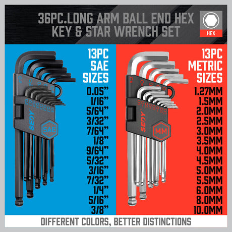 36Pc hex/torx key set, metric/imperial, handle, hard case, chrome vanadium steel, pro/DIY