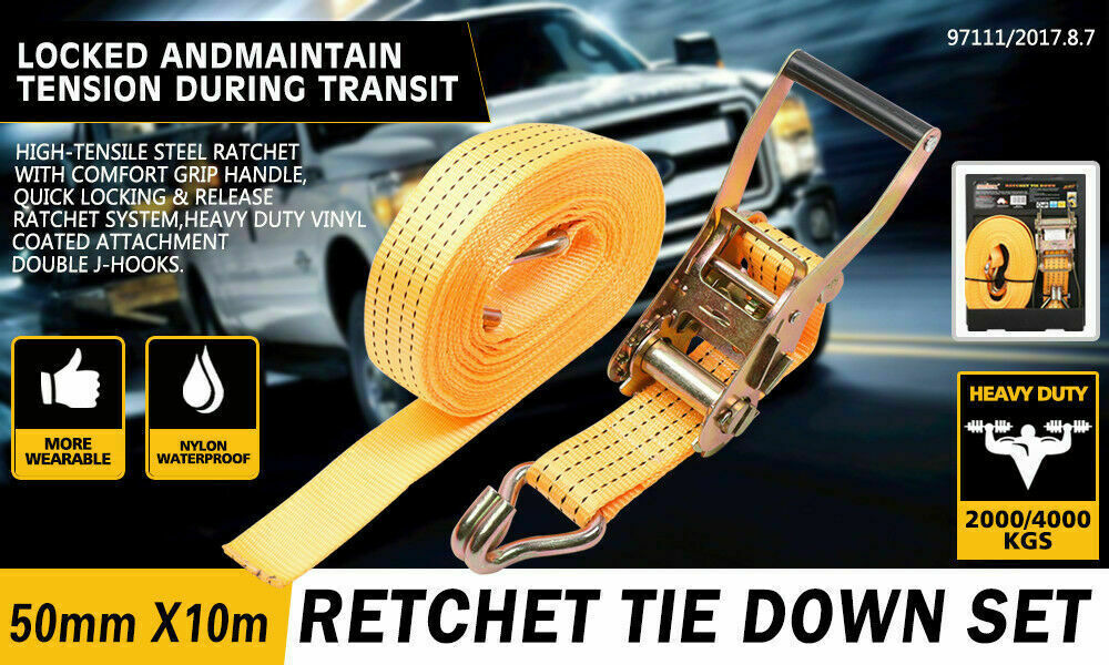 Durable 50mm wide and 10-meter long ratchet tie down strap, capable of handling a load of up to 2000KG. Perfect for securing cargo on trucks, trailers, and boats. Features weather-resistant woven polyester construction with a user-friendly ratchet mechanism for enhanced tension and effortless securing