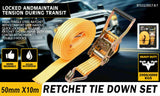 Durable 50mm wide and 10-meter long ratchet tie down strap, capable of handling a load of up to 2000KG. Perfect for securing cargo on trucks, trailers, and boats. Features weather-resistant woven polyester construction with a user-friendly ratchet mechanism for enhanced tension and effortless securing