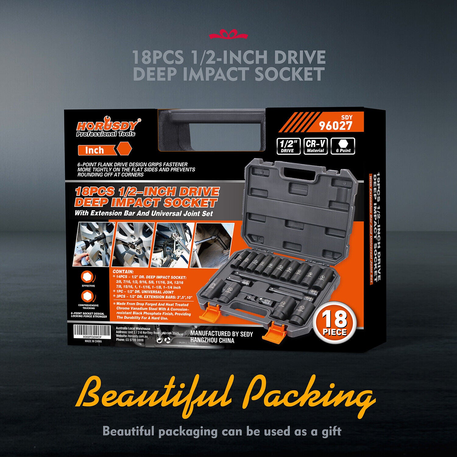 Comprehensive 18-piece deep impact socket set made from chrome vanadium steel with a corrosion-resistant black phosphate finish, including various sizes and extensions in a durable storage case