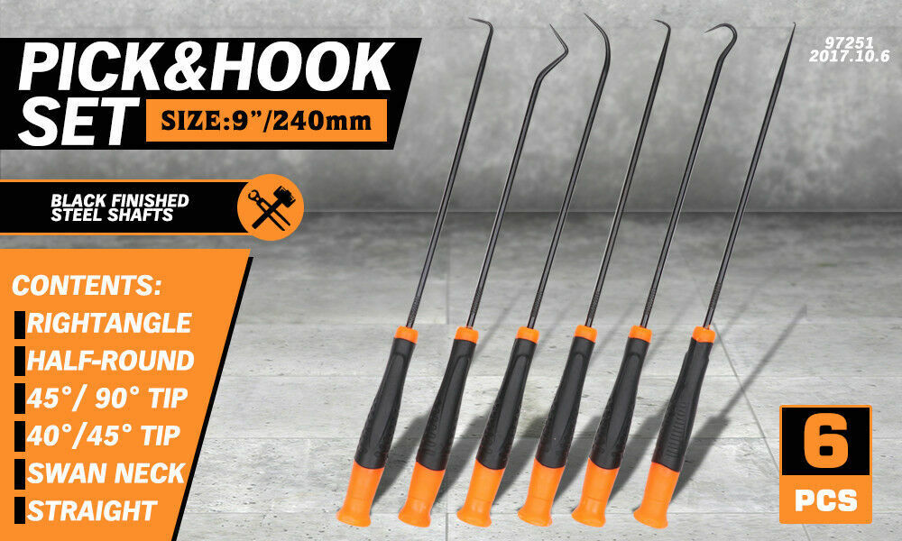 6Pc Extra Long Pick and Hook Set with Carbon Steel Construction and Durable Handles