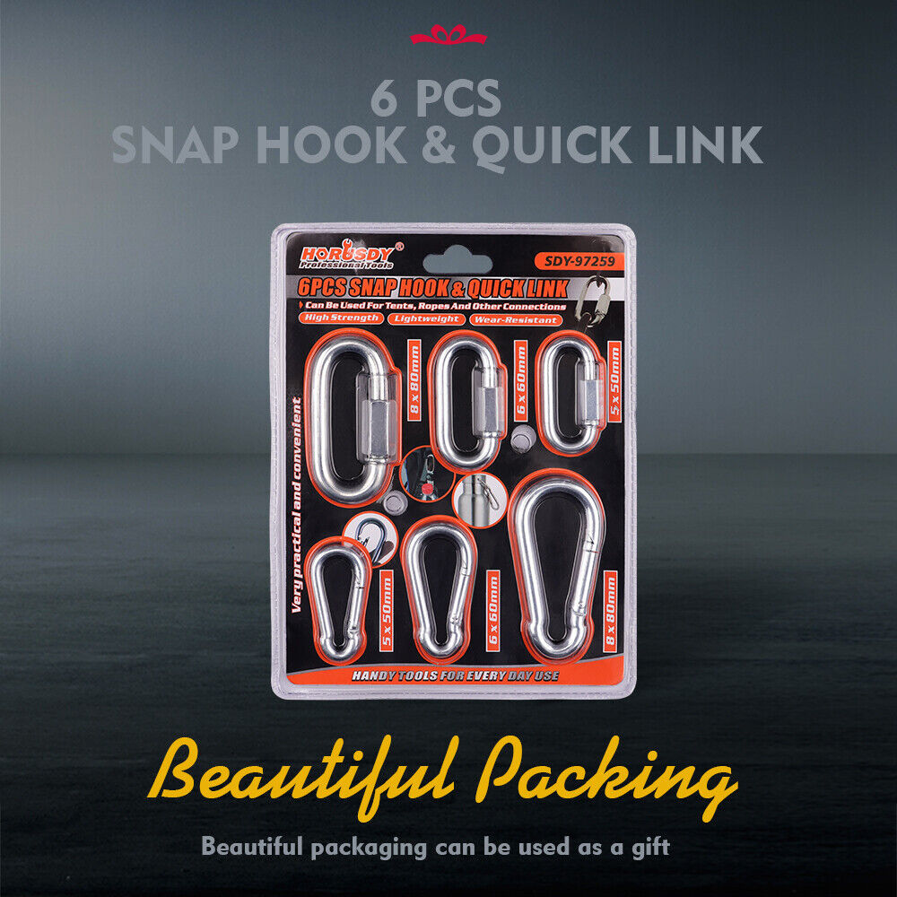 HORUSDY 6Pc Snap Hook Carabiner Shade Clip Camping Climbing Lock Stainless Steel