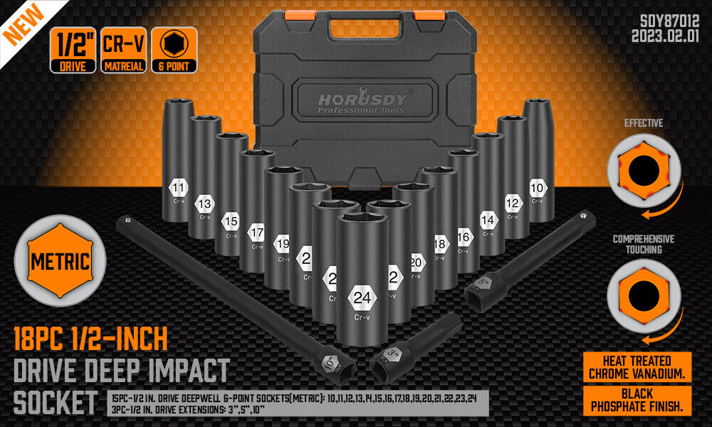 HORUSDY 18-Piece 1/2 Inch Drive Deep Impact Socket Set, Metric Sizes 10-24mm, Chrome Vanadium Steel with Black Phosphoric Acid Treatment and Laser Marking, Including 3 Extension Bars