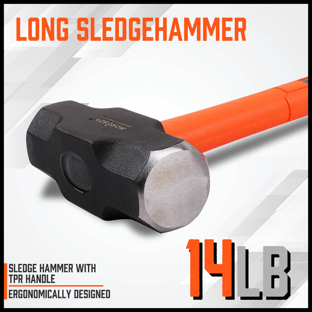 HORUSDY 14LB Steel Hammer, Double Octagonal Head, Impact-Resistant with Gripped Fiber Glass Rubber Handle for Stability