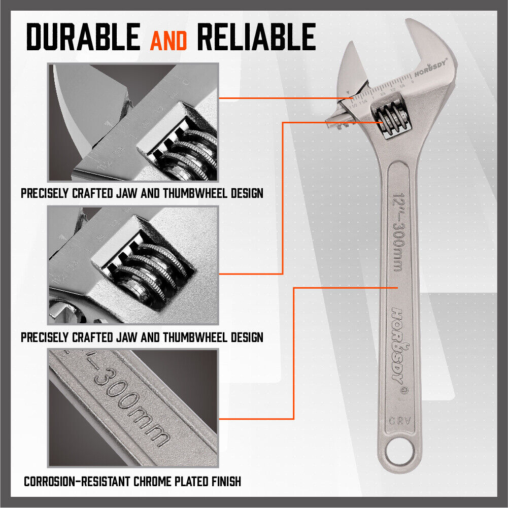 Four-piece set of adjustable wrenches in sizes 6", 8", 10", and 12" featuring heavy-duty construction and wide open jaws for versatile use