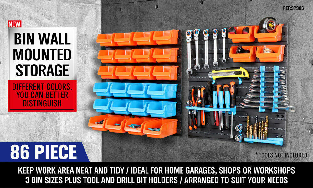 43 Piece Wall Mounted Parts and Tools Storage Rack featuring Bins in Various Sizes, Tool Holders, and Peg Boards