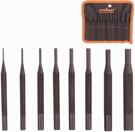 HORUSDY 8-Piece Long Pin Punch Set with Anti-Slip Sleeves in Sizes 1/16" - 5/16", SAE, Including Sturdy Nylon Pouch for Storage and Organization