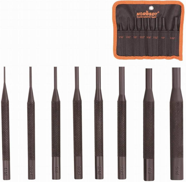 HORUSDY 8-Piece Long Pin Punch Set with Anti-Slip Sleeves in Sizes 1/16" - 5/16", SAE, Including Sturdy Nylon Pouch for Storage and Organization