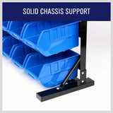 Wall-mounted bin storage rack with 50 bins for efficient organization of tools and parts in your garage.