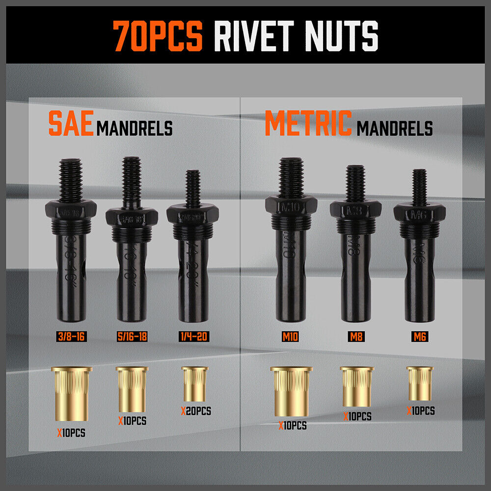 Professional 14-Inch Rivet Nut Tool Set Featuring Interchangeable Metric & SAE Mandrels and Rivnuts