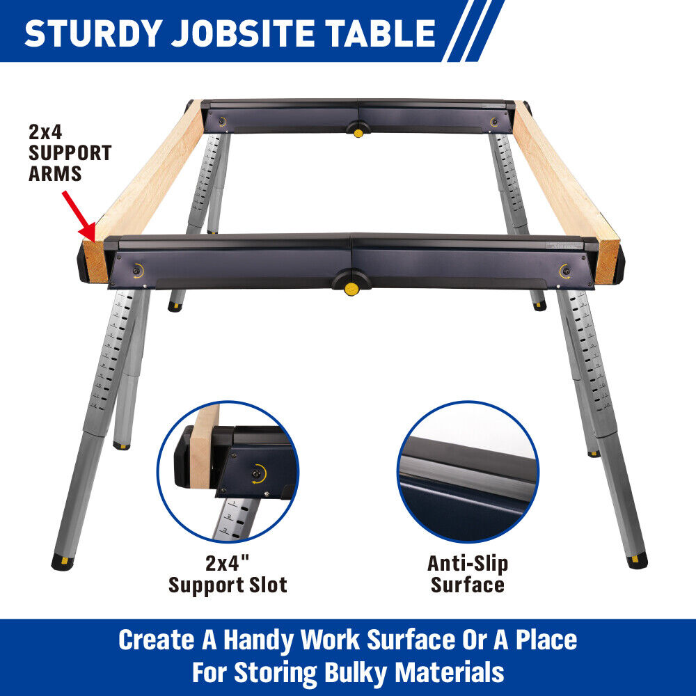 Pack of 2 durable steel sawhorses, adjustable and foldable for easy transport, with a combined load capacity of 450lbs, suitable for job sites and DIY projects.