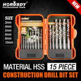 Comprehensive 45-Piece HSS Drill Bit Set, including 15 Metal, 15 Wood, and 15 Concrete Drill Bits in Various Sizes, with a Sturdy Carrying Case