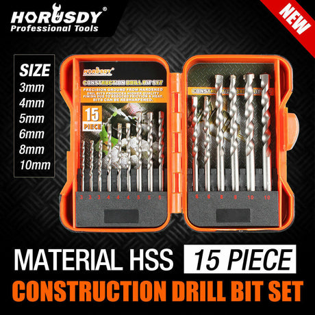Comprehensive 45-Piece HSS Drill Bit Set, including 15 Metal, 15 Wood, and 15 Concrete Drill Bits in Various Sizes, with a Sturdy Carrying Case