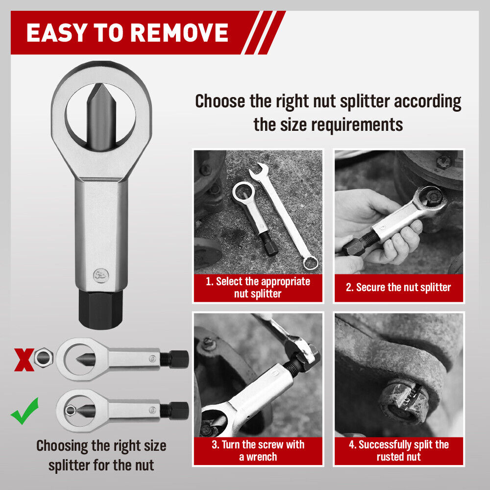 SEDY 4-Piece Heavy-Duty Metal Nut Splitter Kit for Removing Corroded and Damaged Nuts, Made of 40CR Steel