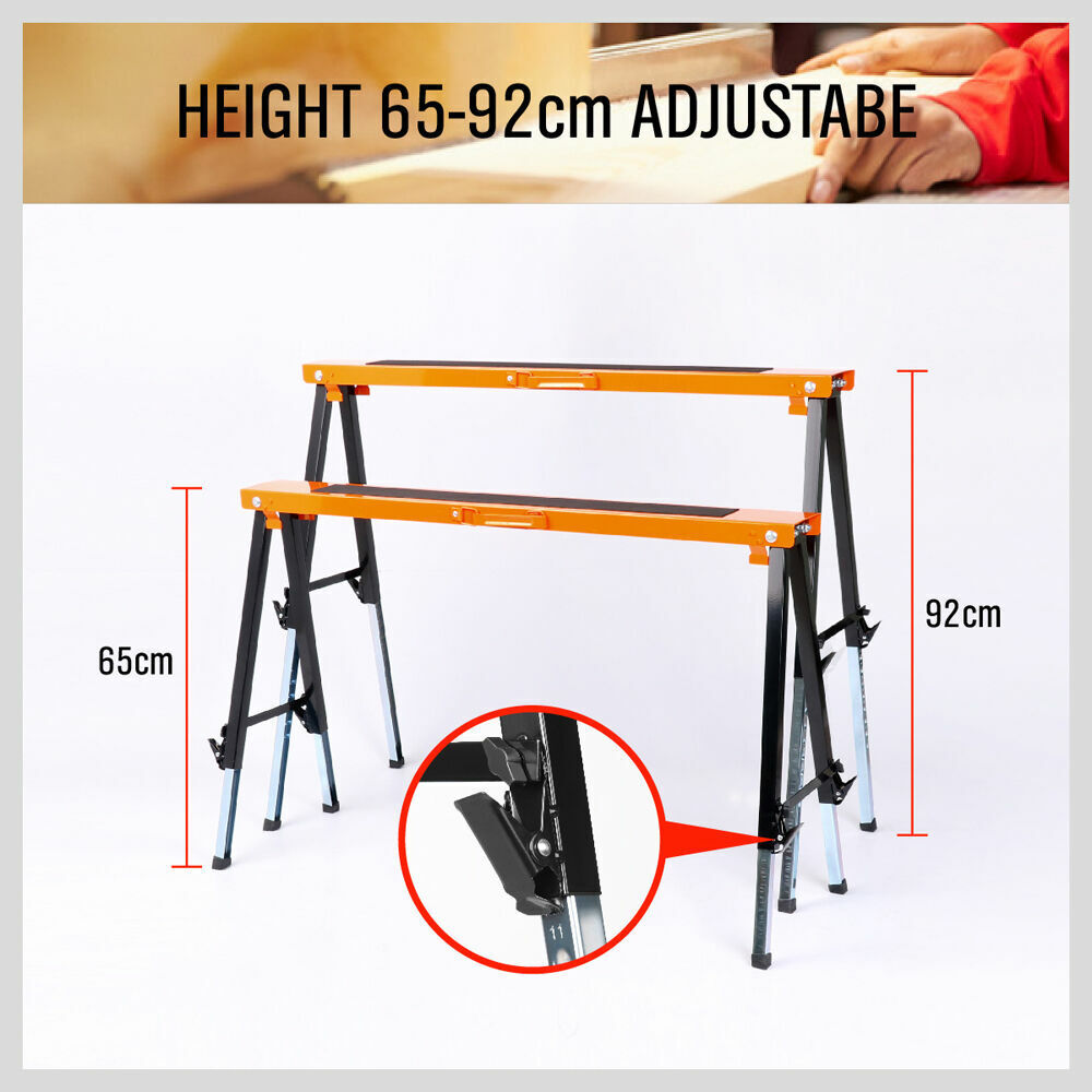 Four-piece Mastercraft Sawhorse Set, featuring a sturdy metal folding design with non-slip surfaces, ergonomic handles, and crossing braces for stability. Each sawhorse measures 100(L) x 50(W) x 65-92(H) cm and supports up to 120 kg.