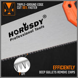 16-inch robust hand saw with triple-ground and induction-hardened teeth, designed for efficient cutting of wood, plastic, and PVC, measuring 505mm in length with an ergonomic handle