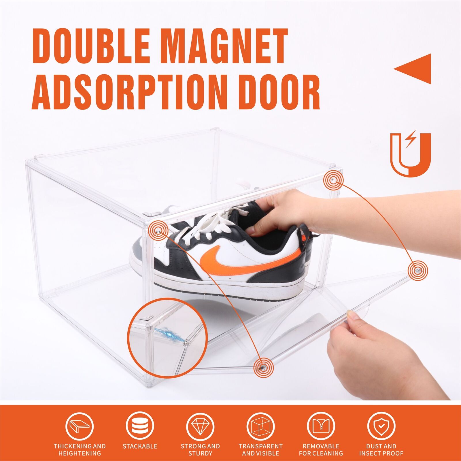 Premium Stackable Shoe Box - Transparent Display Storage Case with Magnetic Door, organized and protected shoe storage.