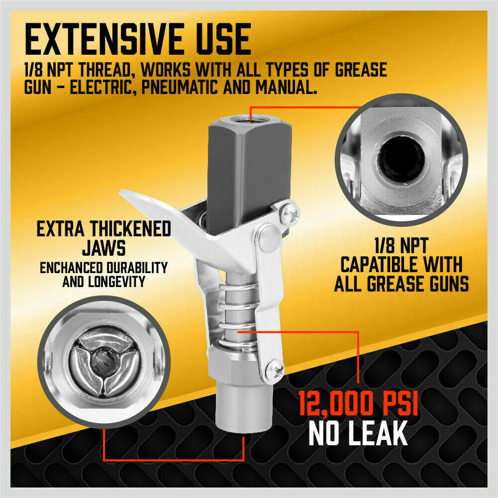 Durable Grease Gun Coupler with Quick Release and Lock System - 1/8'' NPT Thread, Rated for 10,000 PSI, Versatile Use