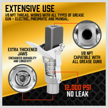 Durable Grease Gun Coupler with Quick Release and Lock System - 1/8'' NPT Thread, Rated for 10,000 PSI, Versatile Use