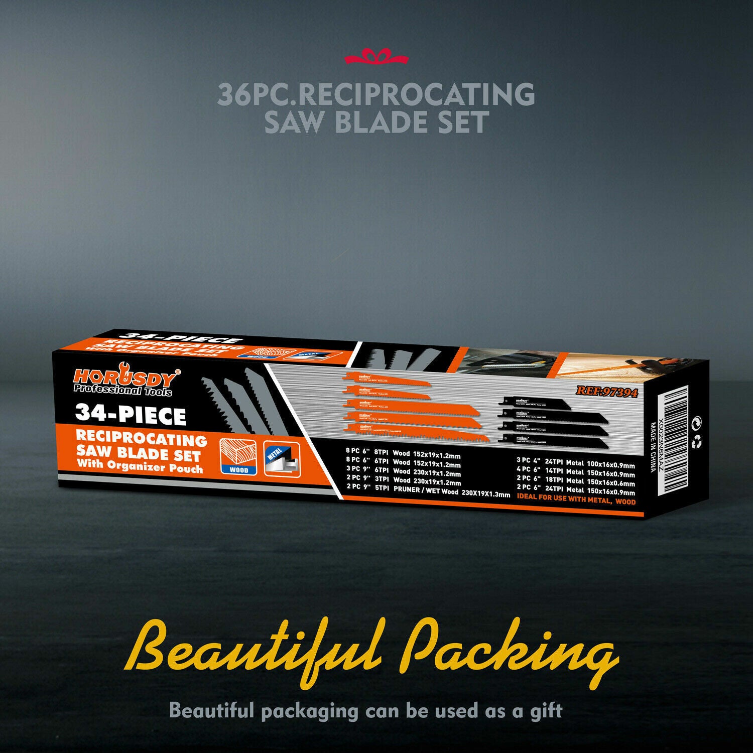 34-Piece Reciprocating Saw Blade Set for Wood and Metal Cutting, compatible with major brands.