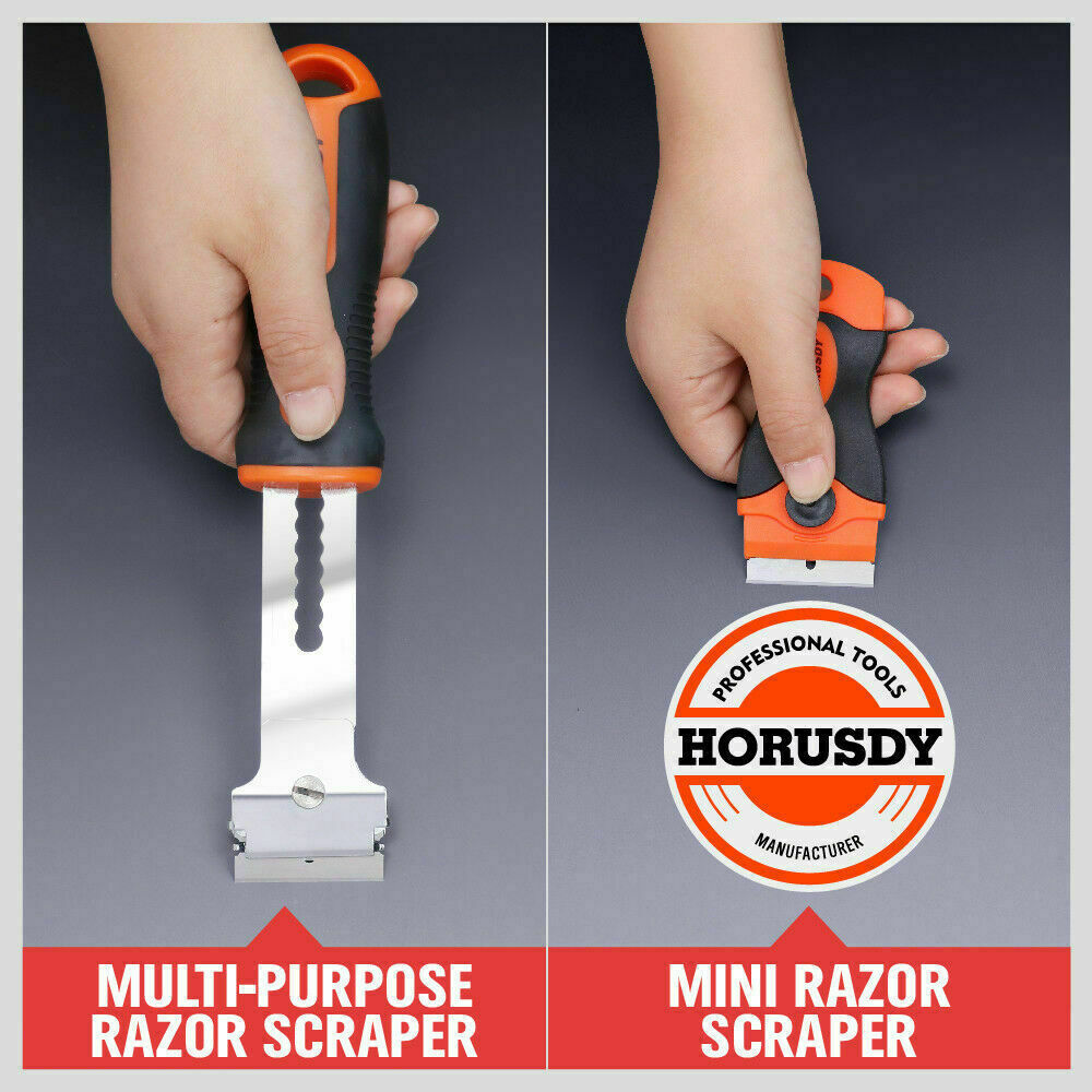 Multi-purpose razor scraper set with TPR handles and replacement blades for glass and decal cleaning.