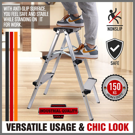 Portable 3-Step Folding Ladder - Lightweight Aluminum, Non-Slip, Heavy-Duty 150kg Capacity - Versatile and Reliable