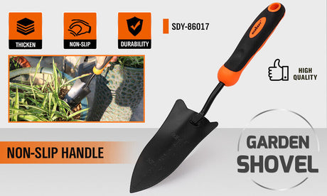 Durable 14-Inch Hand Shovel with Carbon Steel Blade and Rubber Handle for Gardening and Digging