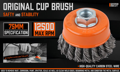 Durable 3-inch twist knot steel wire wheel cup brush for removing rust, weld scale, and burrs with M14 fitting.