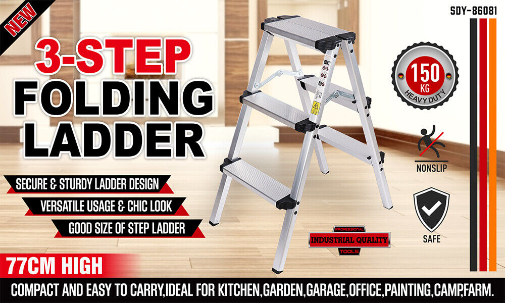 Portable 3-Step Folding Ladder - Lightweight Aluminum, Non-Slip, Heavy-Duty 150kg Capacity - Versatile and Reliable