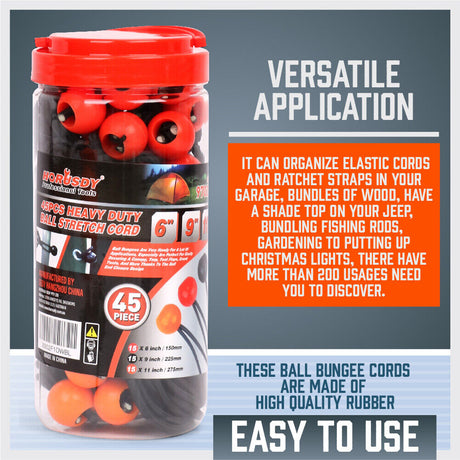 45-Piece Set of Elastic Bungee Ball Ties in Black, featuring 6 inch, 9 inch, and 11 inch lengths for versatile outdoor use
