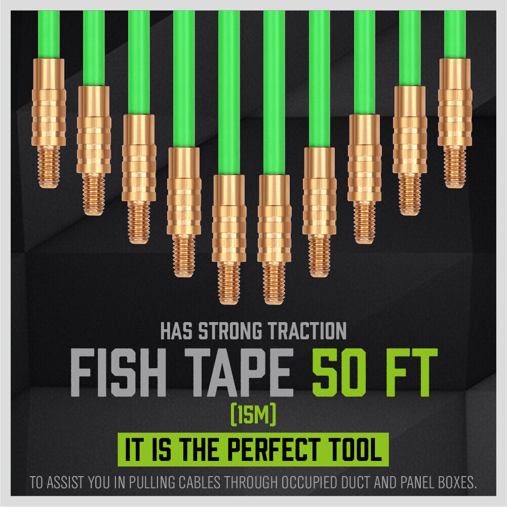 SWANLAKE 15-meter Fiberglass Push Pull Rods Set, featuring threaded brass connectors and various head attachments. Ideal for electricians and contractors for routing cables through walls, attics, and ceilings. Includes a flexible search head, eyelet heads, a brass hook head, and a magnetic head for versatile wiring applications