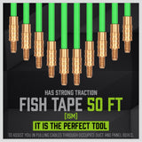 SWANLAKE 15-meter Fiberglass Push Pull Rods Set, featuring threaded brass connectors and various head attachments. Ideal for electricians and contractors for routing cables through walls, attics, and ceilings. Includes a flexible search head, eyelet heads, a brass hook head, and a magnetic head for versatile wiring applications