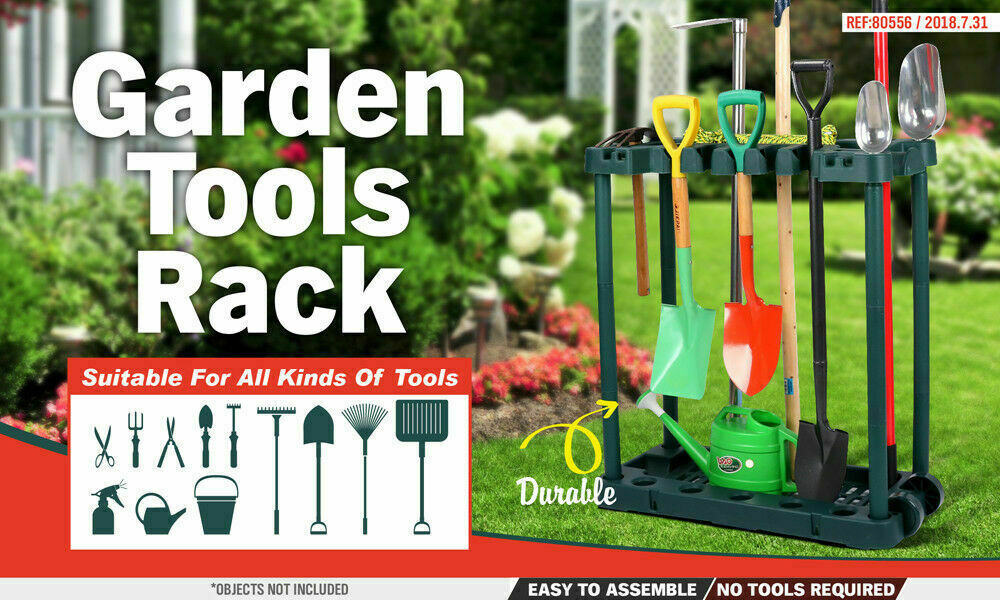 Rolling Garden Tools Storage Rack with Long and Short Handle Holders