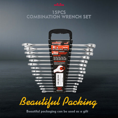 HORUSDY 15-Piece Metric Combination Spanner Set, CRV Silver, Chrome Vanadium Steel, Heat Treated, Nickel Chrome Plated, Sizes 8-22mm