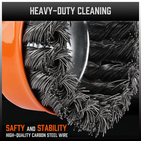 Durable 3-inch twist knot steel wire wheel cup brush for removing rust, weld scale, and burrs with M14 fitting.