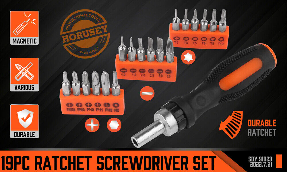 HORUSDY 19 Pcs Precision Screwdriver Set with Ratchet Driver, Multiple Bits (Slot, Torx, Phillips, Hex), Flexible Shaft, Non-slip Rubber Handle, Ideal for Detailed Repairs