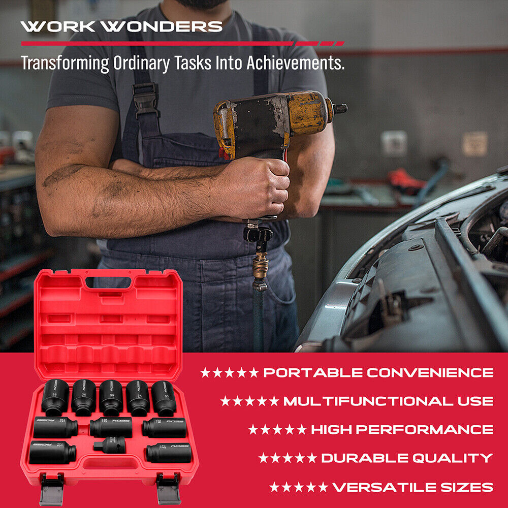 SEDY 11Pcs Metric Deep Impact Socket Set with Adapter for High-Torque Wheel Axle Nut Wrench Tasks