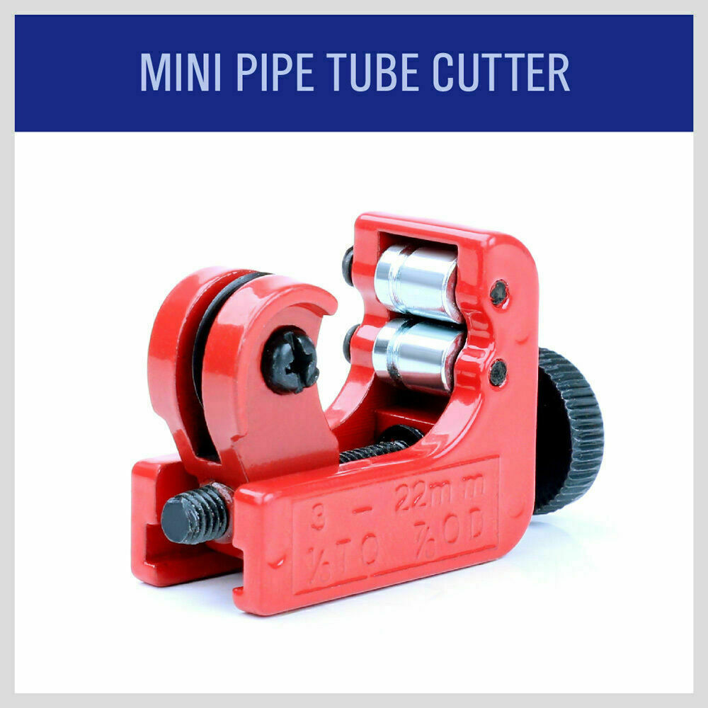 Mini Pipe Tube Cutter designed for cutting copper and PVC in confined spaces. Features quick adjustment and robust, stable construction. Ideal for plumbers, refrigeration, and auto HVAC tasks. Dimensions: 62x21.5x38mm, weight: 68g