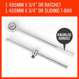  Comprehensive 27-piece heavy-duty socket and wrench set with 3/4" drive in both metric and imperial sizes, including ratchet, sliding T-bar, and extension bars in a durable steel case.